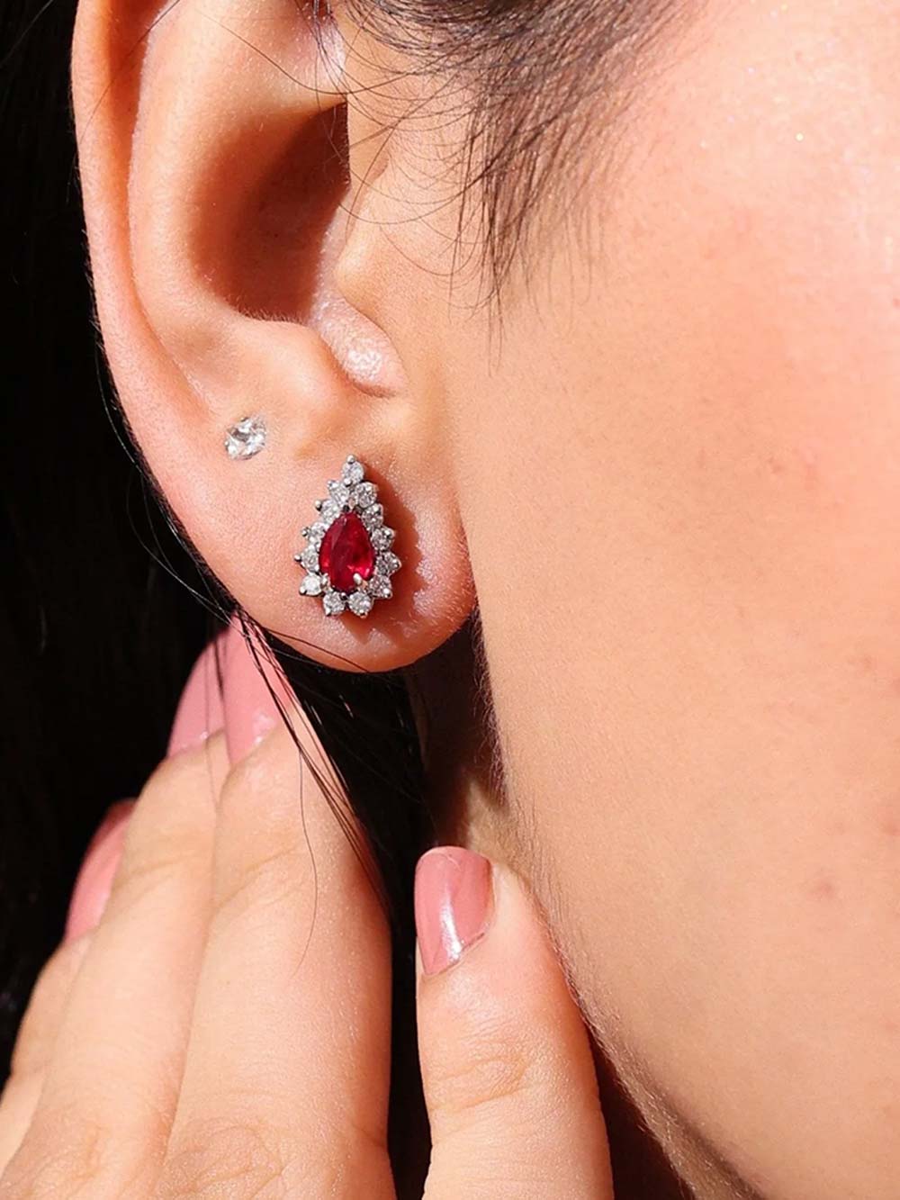 Burmese Ruby Drop Shaped & Diamond Earrings in 18kt Gold (0.88cts R)