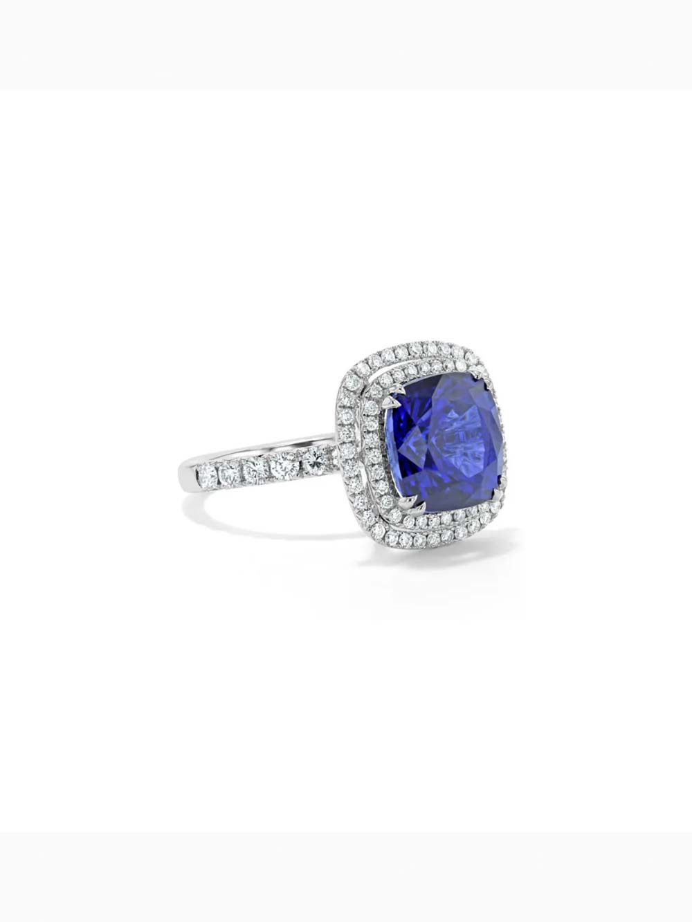 Cushion Cut Blue Sapphire and Diamond Halo Ring