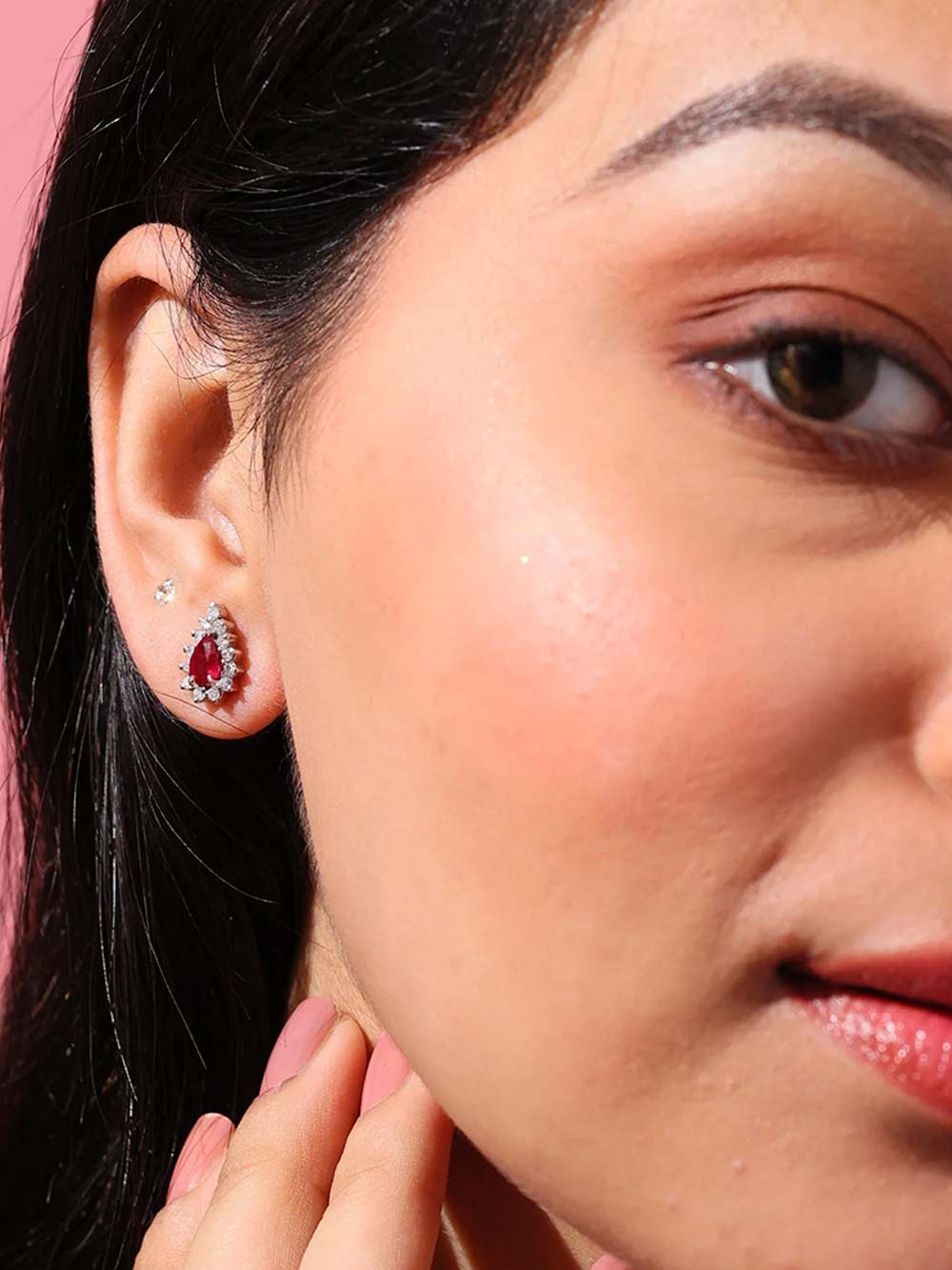 Burmese Ruby Drop Shaped & Diamond Earrings in 18kt Gold (0.88cts R)