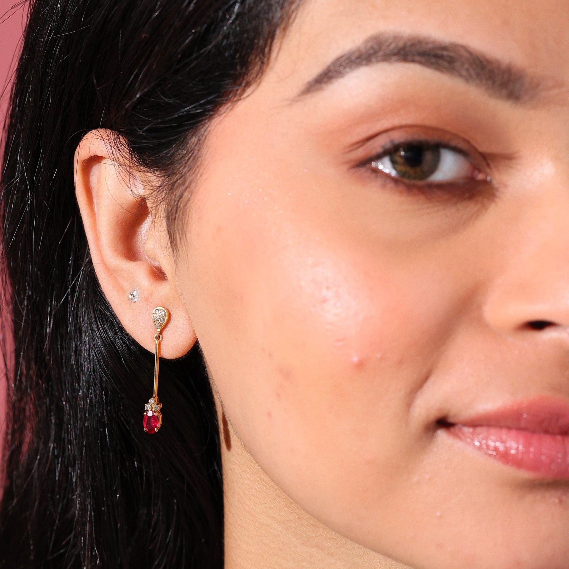Burmese Ruby & Diamond Drop Earrings in 18kt Gold (0.98cts R)