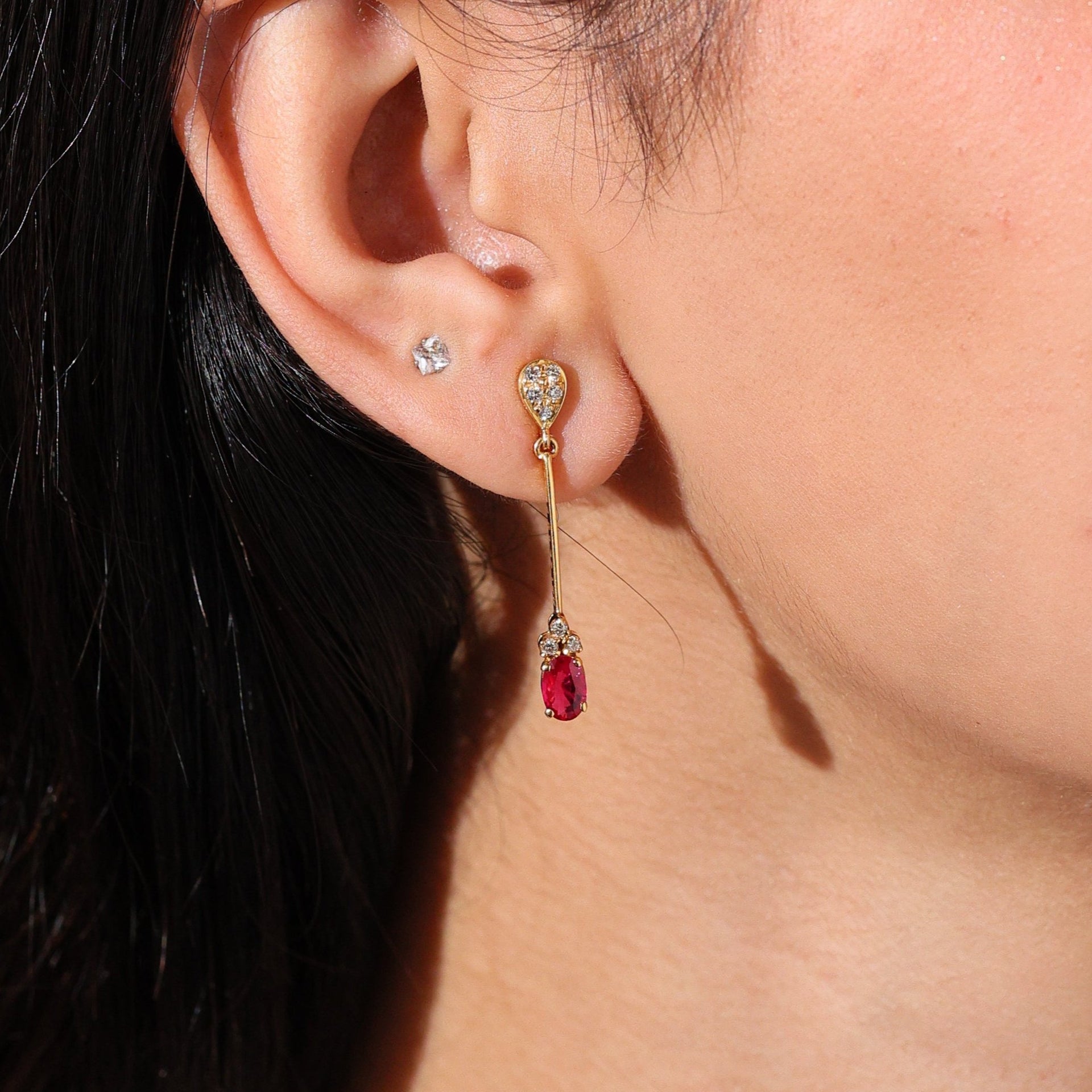 Burmese Ruby & Diamond Drop Earrings in 18kt Gold (0.98cts R)