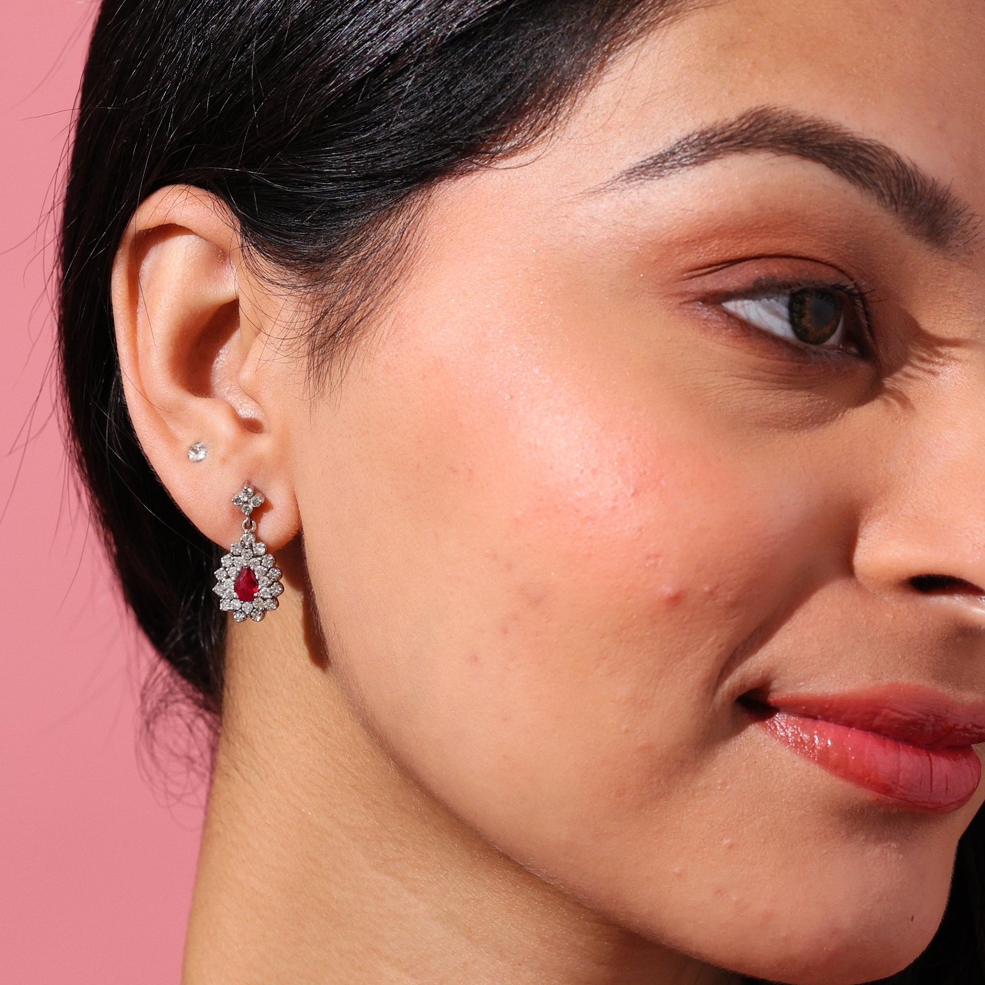 Burmese Ruby & Diamond Dangler Earrings in 18kt Gold (0.87cts R)