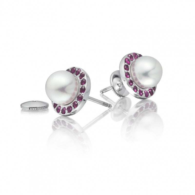 Pearl studs with ruby made in 14k gold