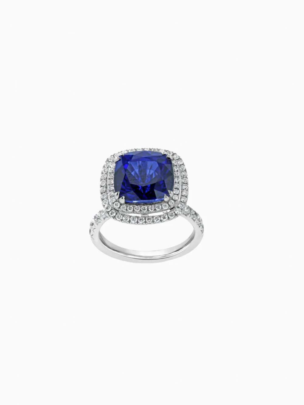 Cushion Cut Blue Sapphire and Diamond Halo Ring