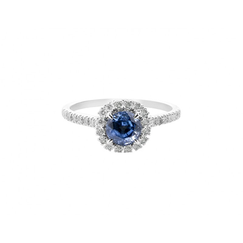 Round Blue Sapphire with Diamond Halo Ring