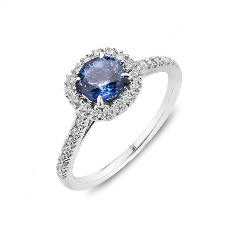 Round Blue Sapphire with Diamond Halo Ring