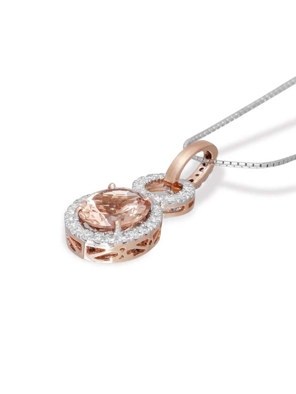 Morganite & Diamond Oval Halo Necklace – Rose Gold Glow