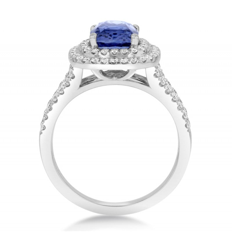 Cushion Cut Blue Sapphire Double Halo Diamond Ring