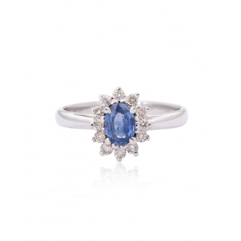 Oval Blue Sapphire with Diamond Starburst Halo Ring