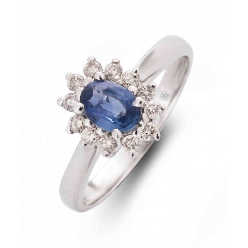 Oval Blue Sapphire with Diamond Starburst Halo Ring