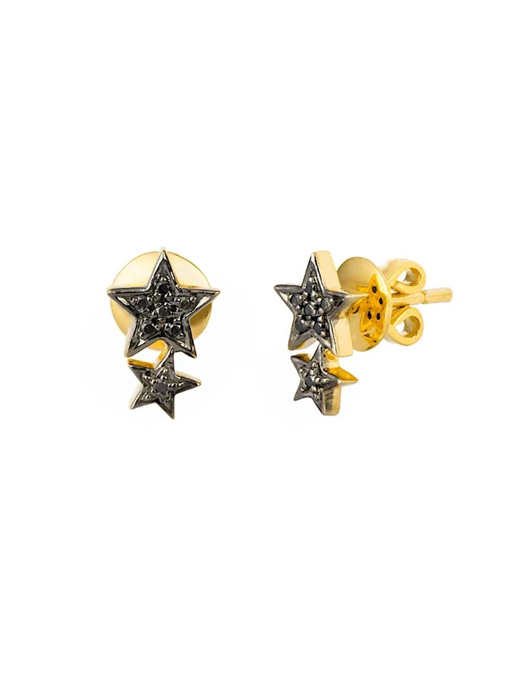 2 Star Black Diamond Stud Earring Made In Gold