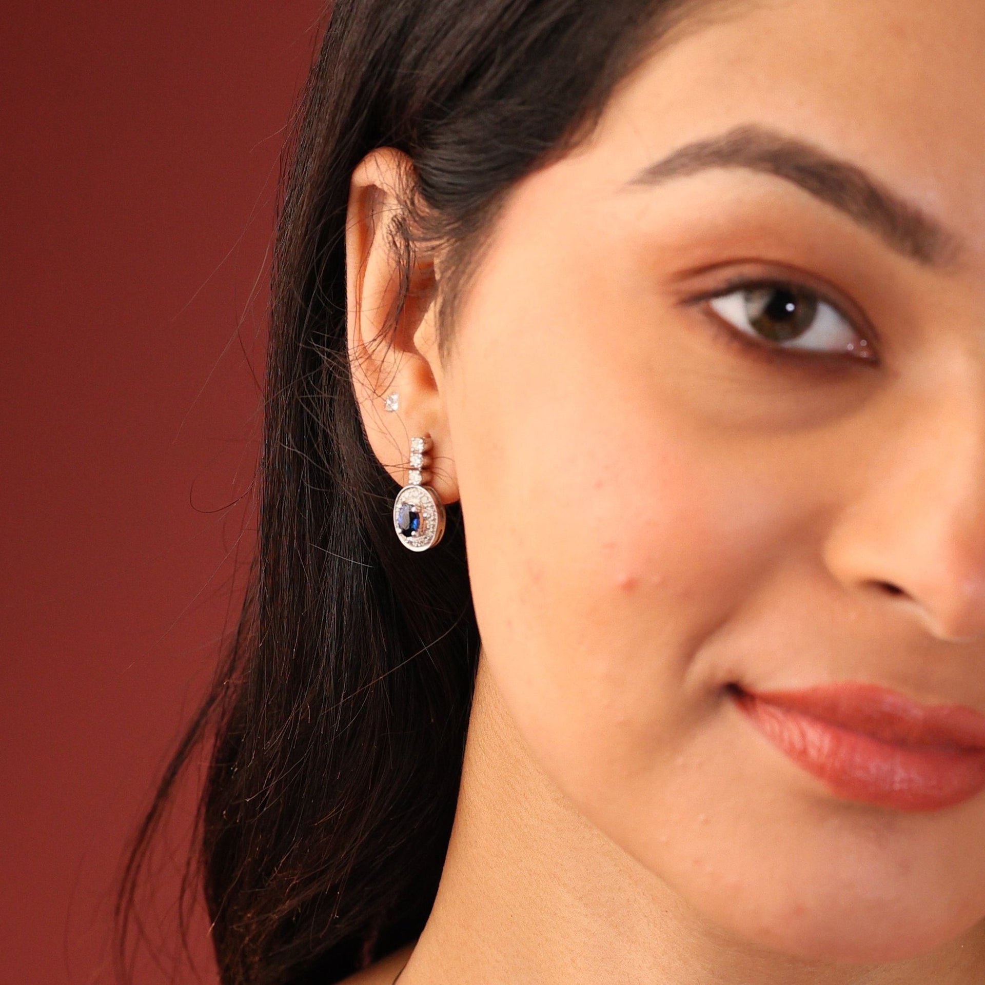 Deep Blue Sapphire & Diamond Earrings