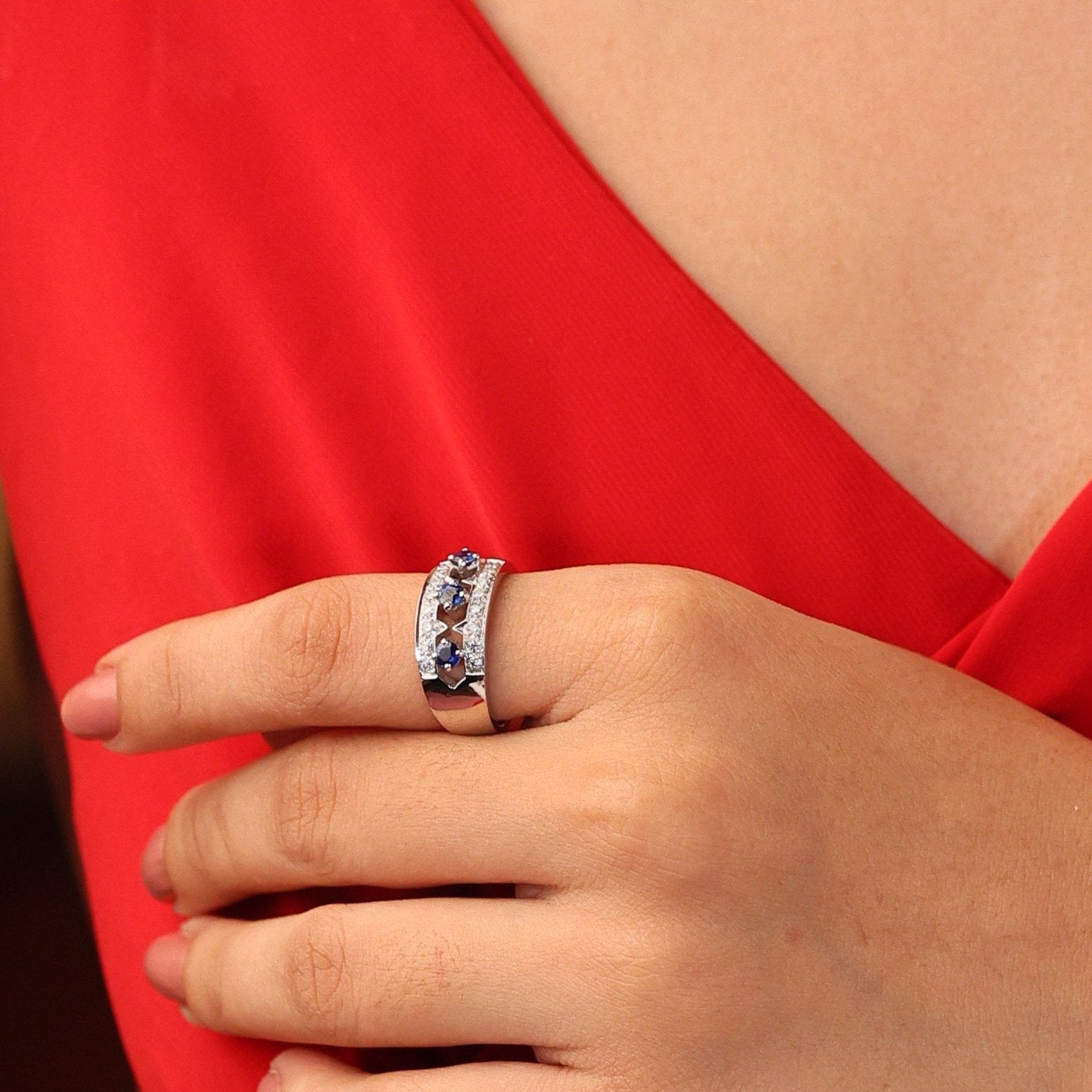 3 Stone Blue Sapphire & Diamond Ring