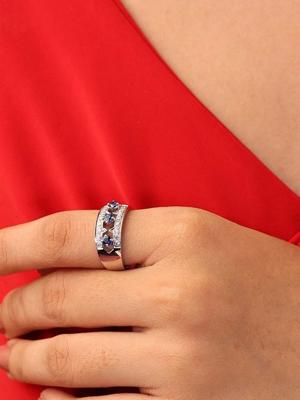 3 Stone Blue Sapphire & Diamond Ring