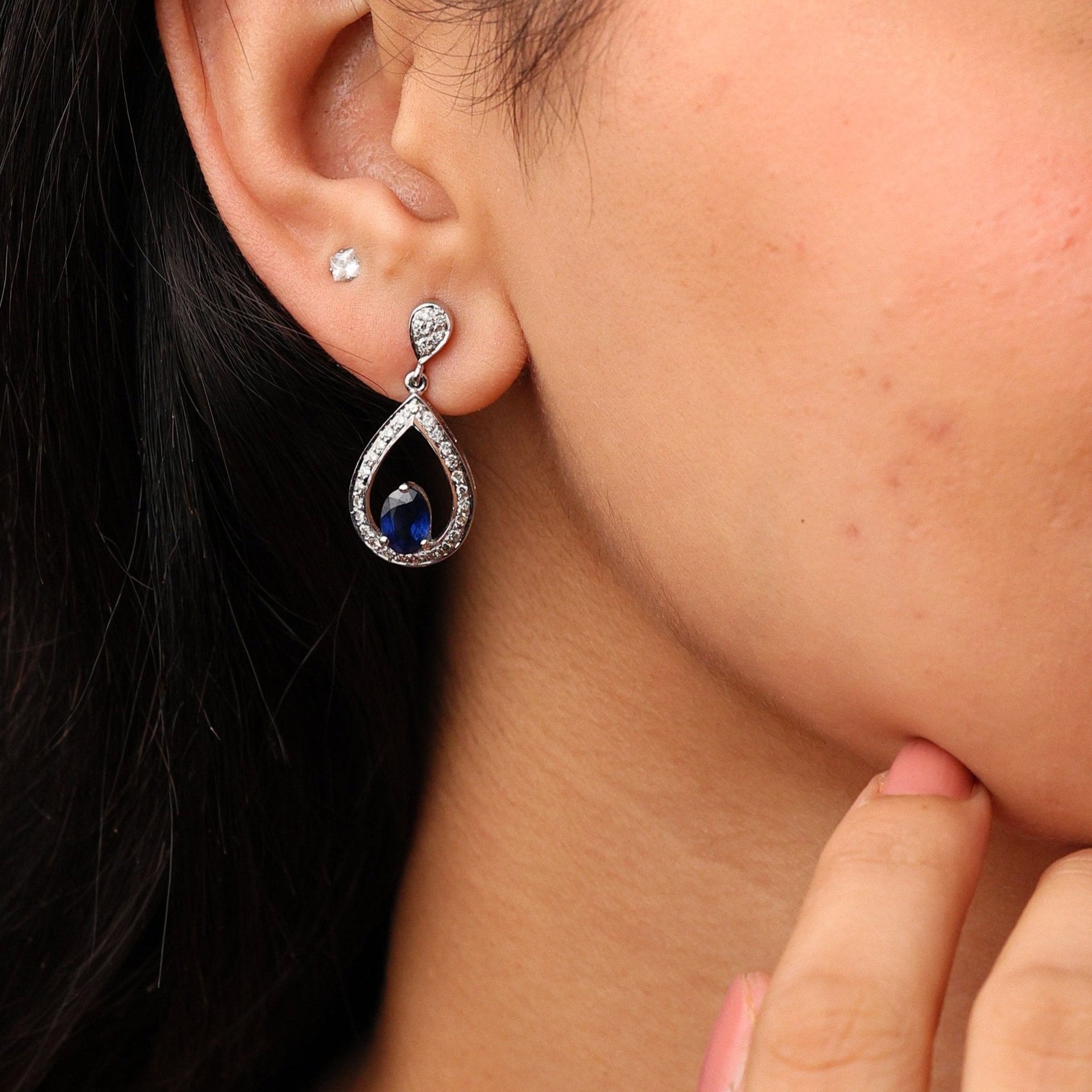 Drop Shaped Blue Sapphire & Diamond Earrings