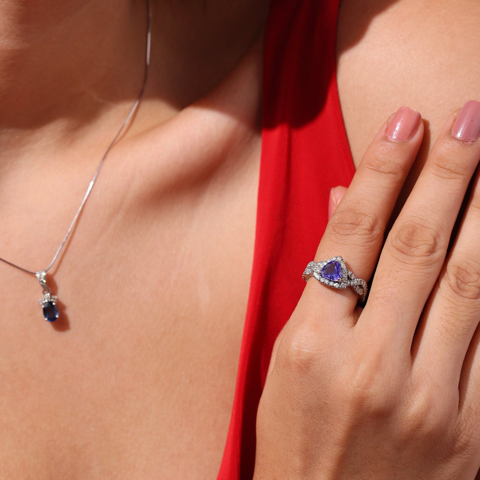 Blue Sapphire & Diamond Triangle Shaped Ring