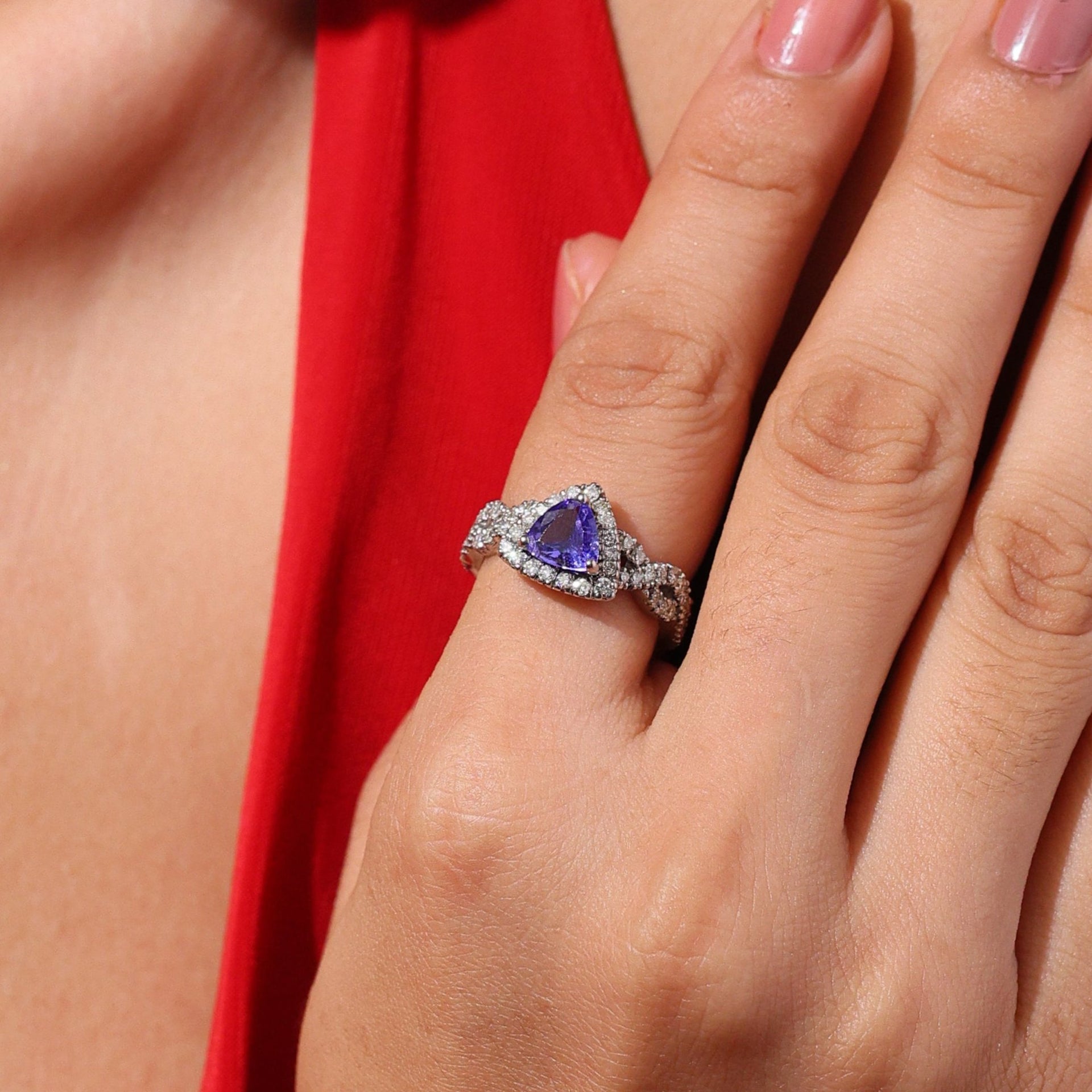 Blue Sapphire & Diamond Triangle Shaped Ring