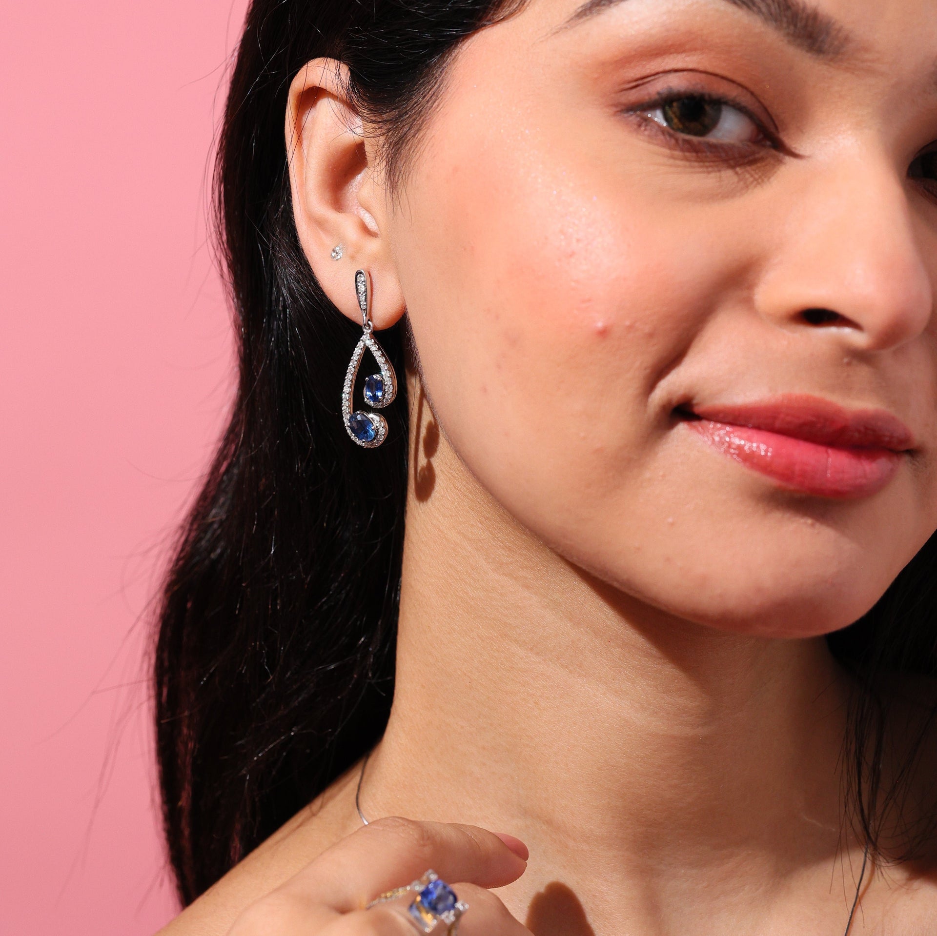 Double Spiral Blue Sapphire & Diamond Earrings