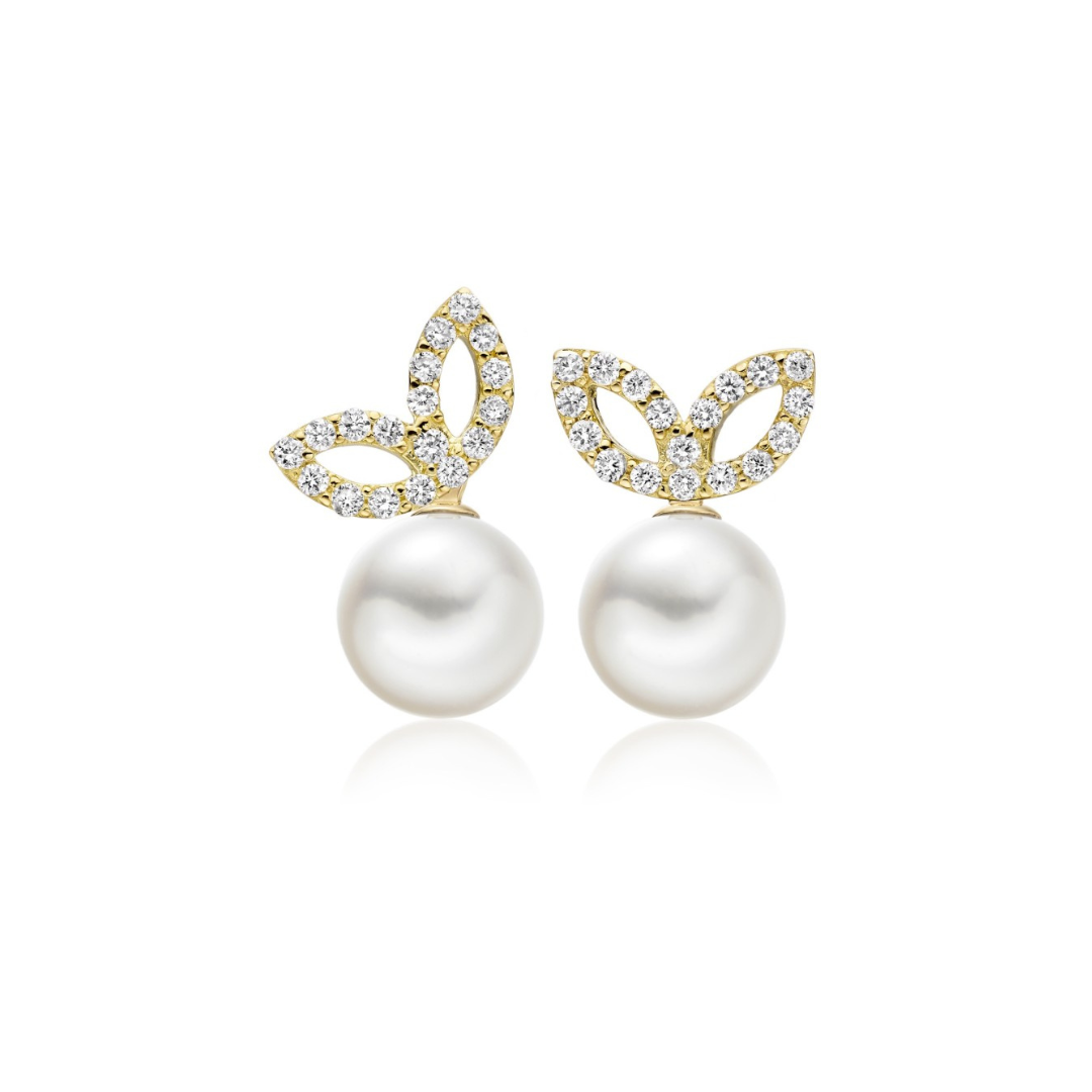 Leaf stud earring with round pearl drop