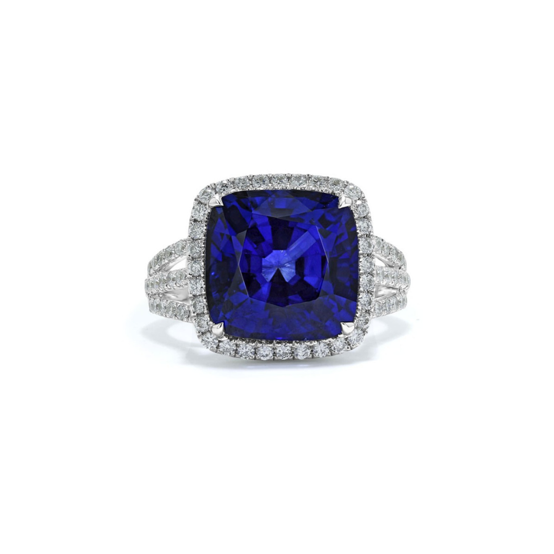 Cushion cut Blue Sapphire and Diamond Ring