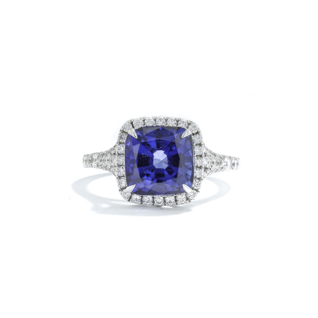 Cushion cut Blue Sapphire and Diamond Ring