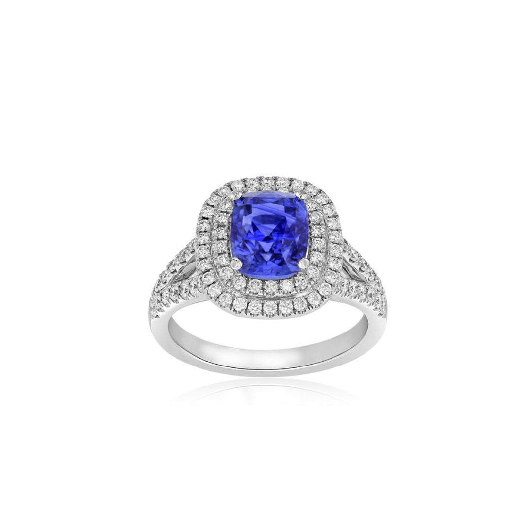 Cushion Cut Blue Sapphire Double Halo Diamond Ring