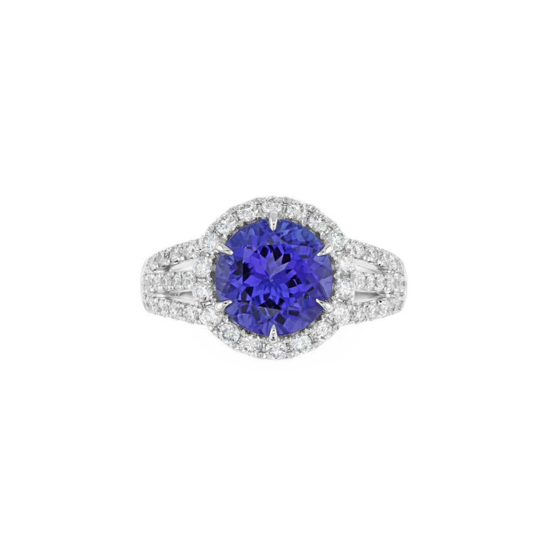 Round Blue Sapphire and Diamond Halo Ring