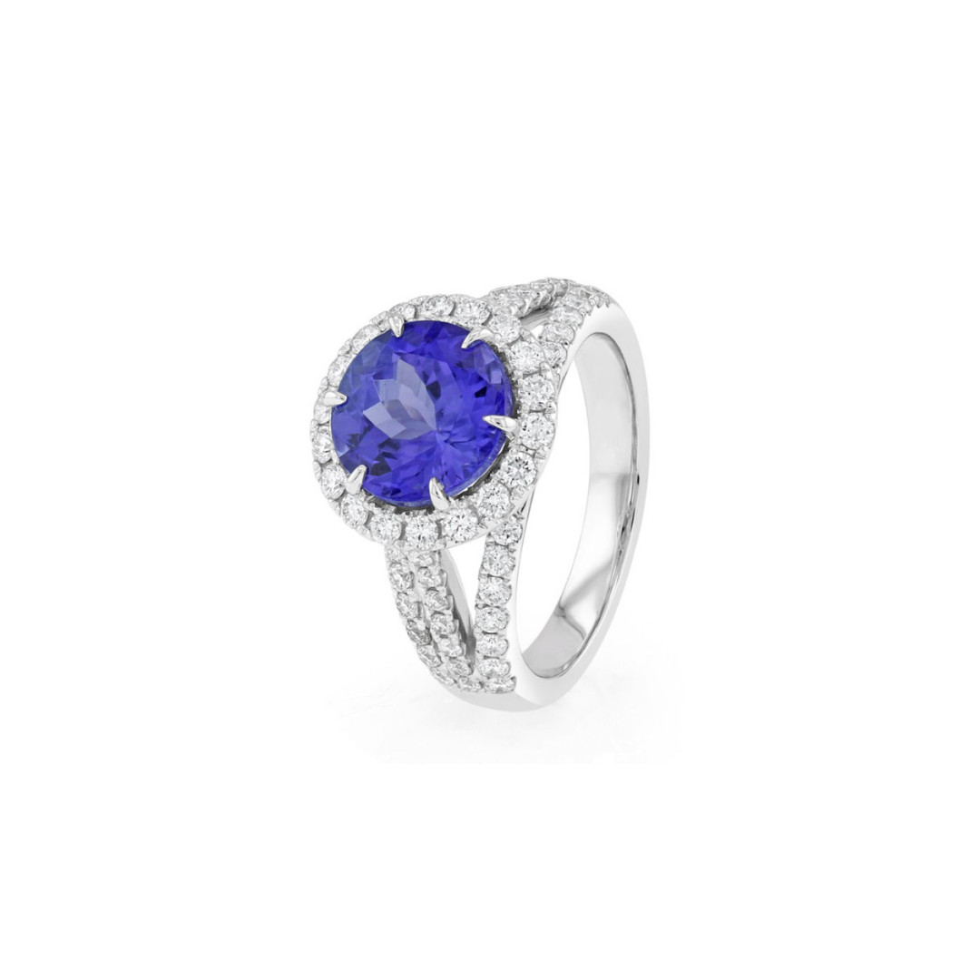 Round Blue Sapphire and Diamond Halo Ring