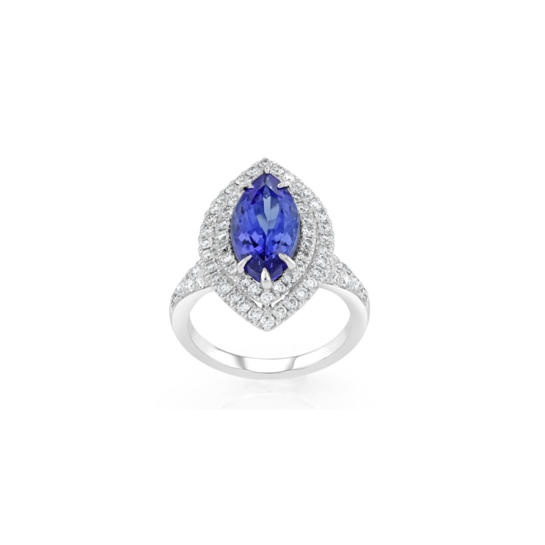 Blue Sapphire Double Halo Diamond Ring