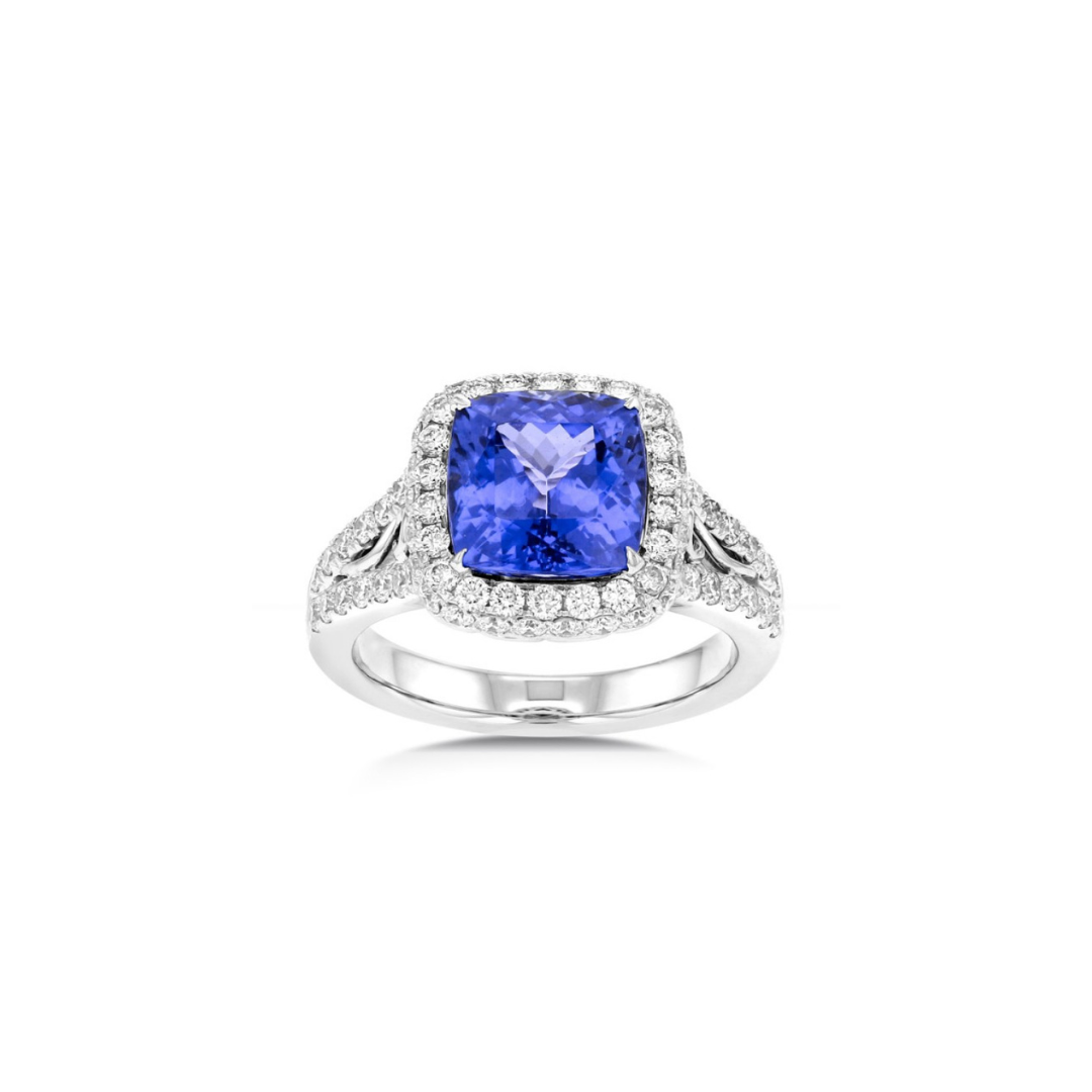 Cushion Cut Blue Sapphire and Diamond Halo Ring