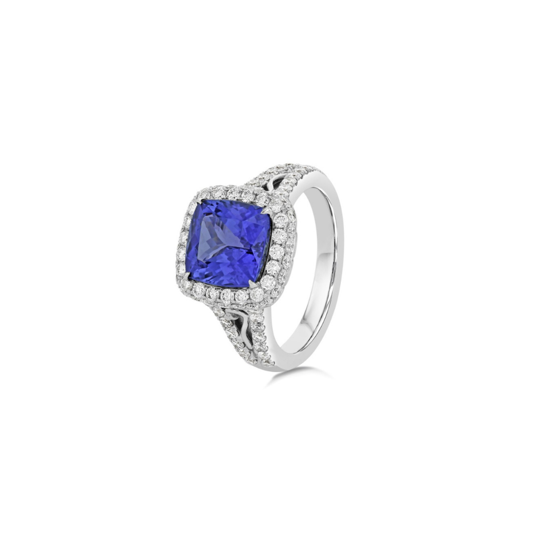 Cushion Cut Blue Sapphire and Diamond Halo Ring