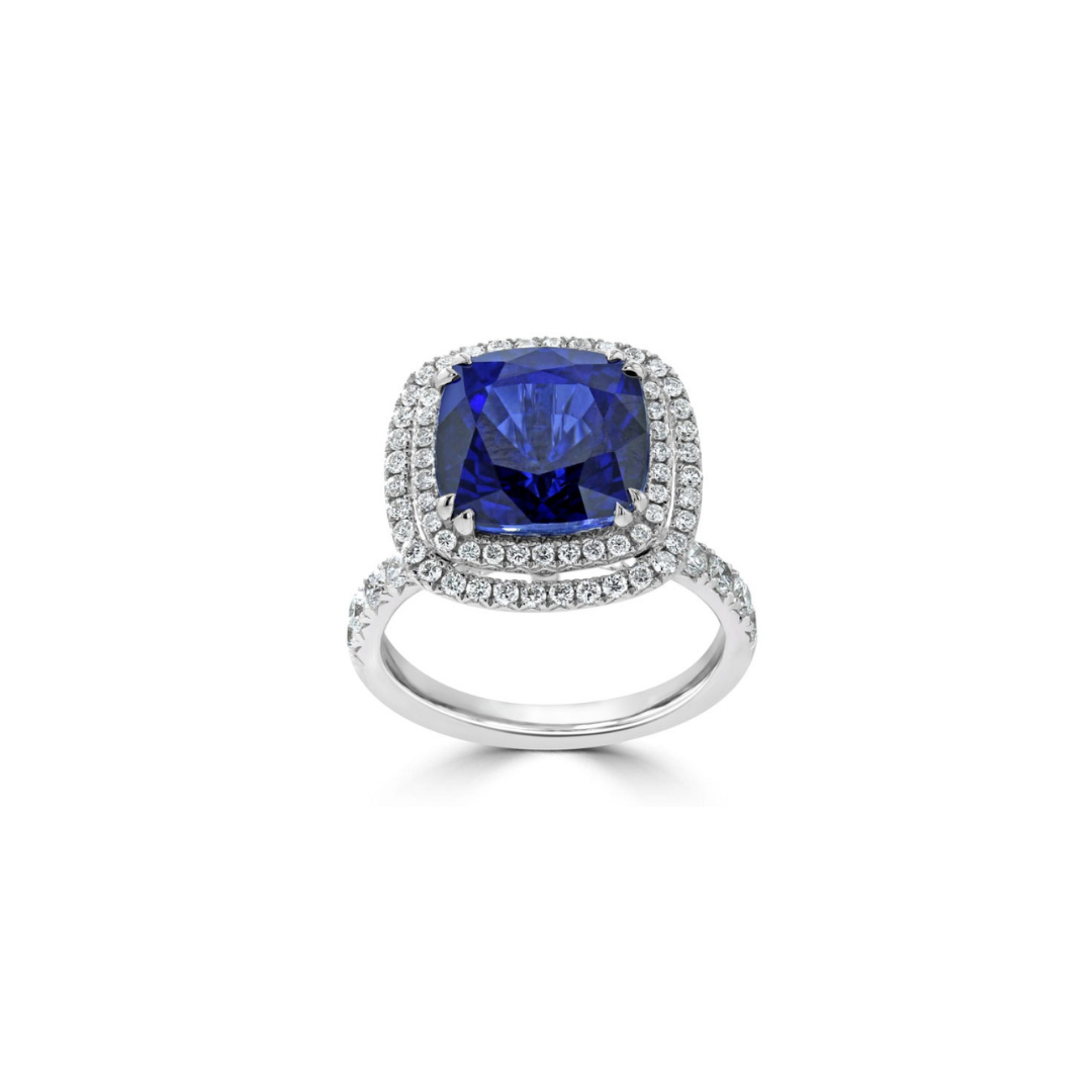 Cushion Cut Blue Sapphire and Diamond Halo Ring