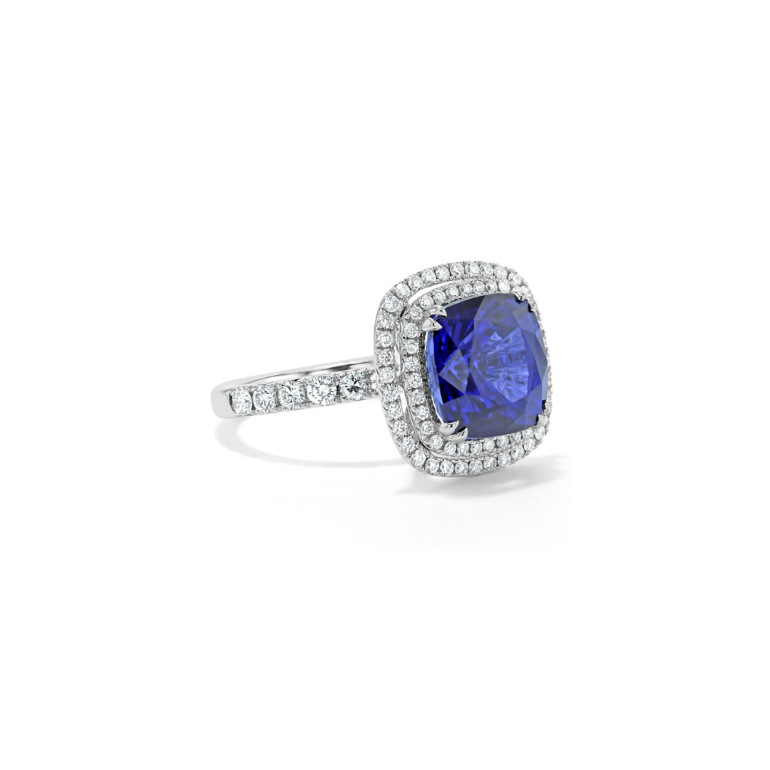 Cushion Cut Blue Sapphire and Diamond Halo Ring