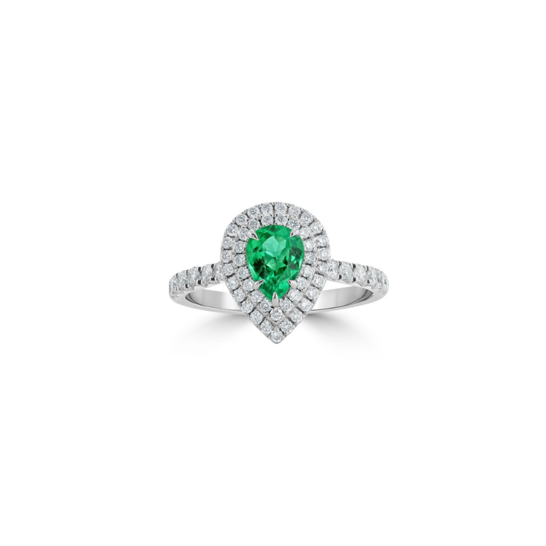 Pear Emerald Ring with Diamond Halo