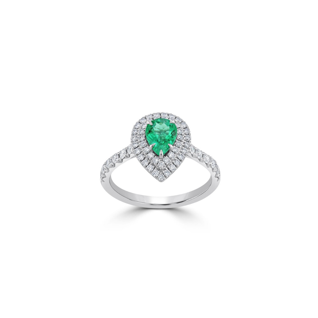 Pear Emerald Ring with Diamond Halo