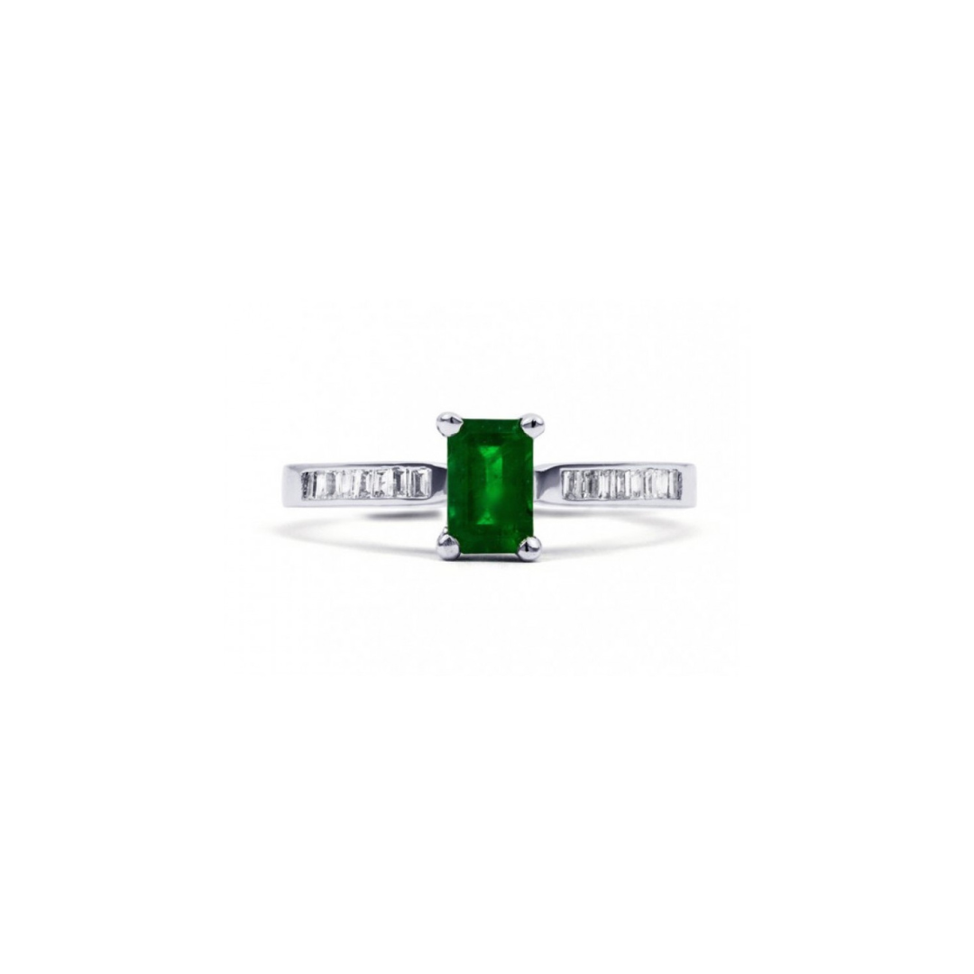 Rectangular Emerald and Side Crystal Ring