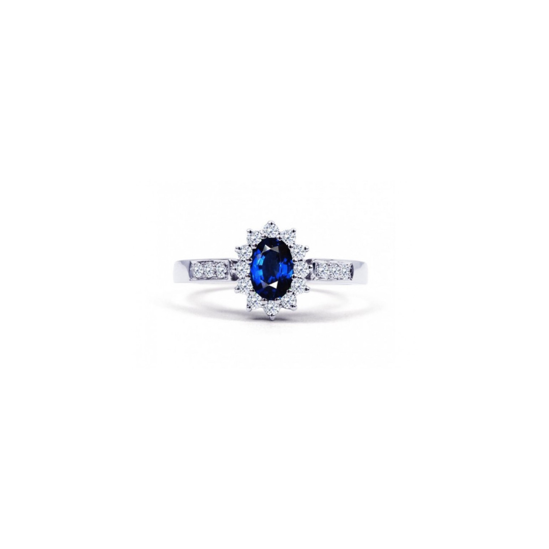 Blue Sapphire and Diamond Halo Ring