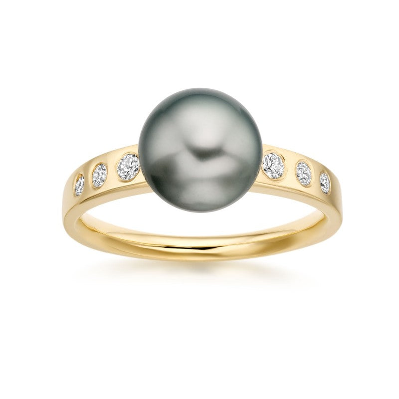 Tahitian Pearl ring with side diamonds in yellow gold