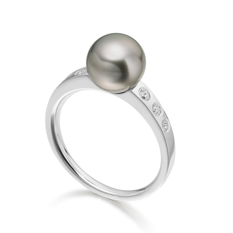 Tahitian Pearl ring with side diamonds in white gold