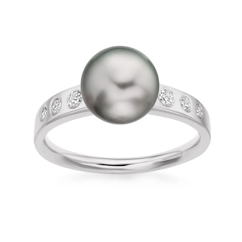 Tahitian Pearl ring with side diamonds in white gold