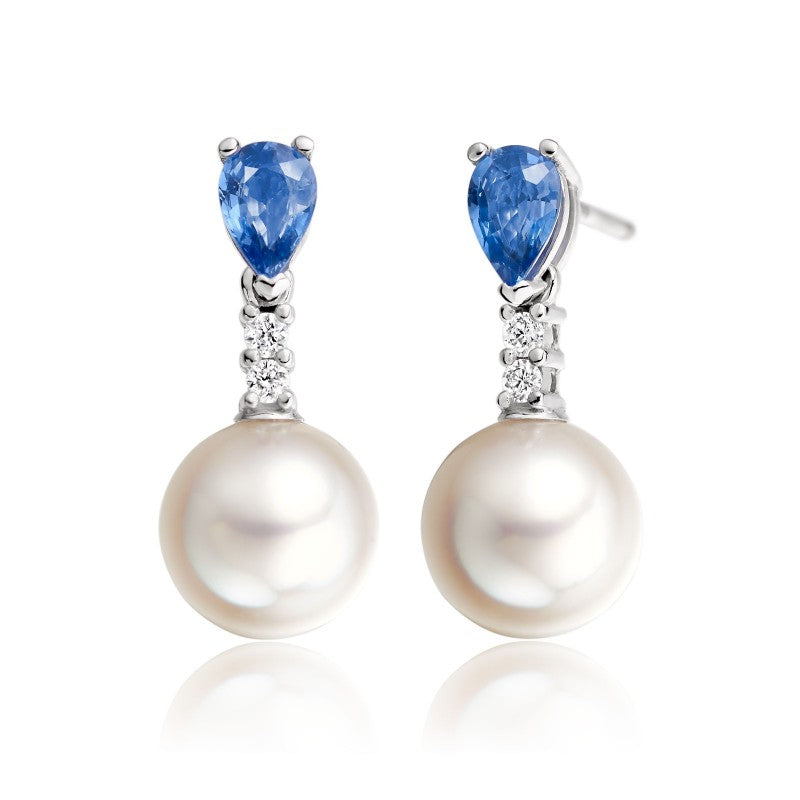 Freshwater pearl with blue sapphire and diamond earring