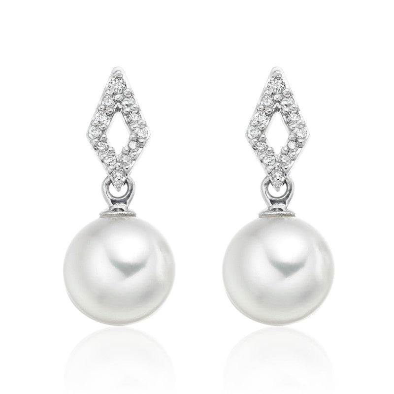 Freshwater pearl drop earring with kite shape Diamond stud top