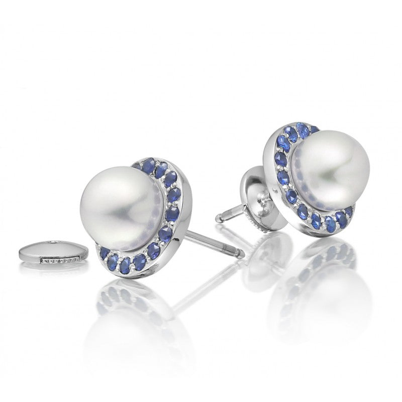 Pearl studs with blue sapphire