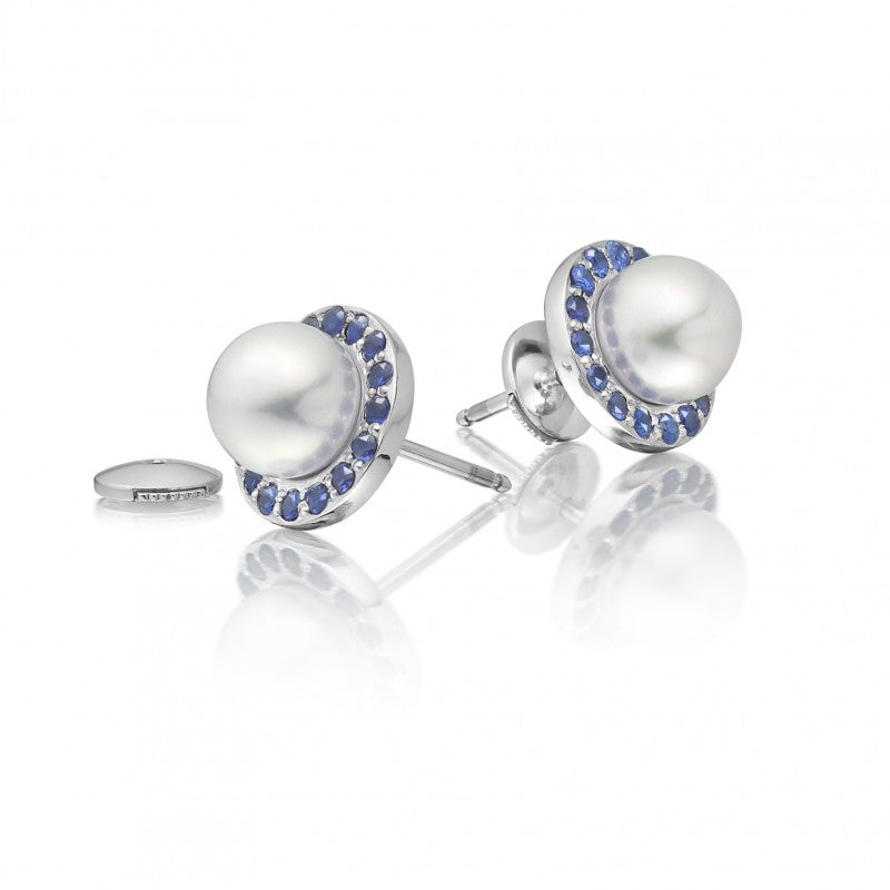 Pearl studs with blue sapphire